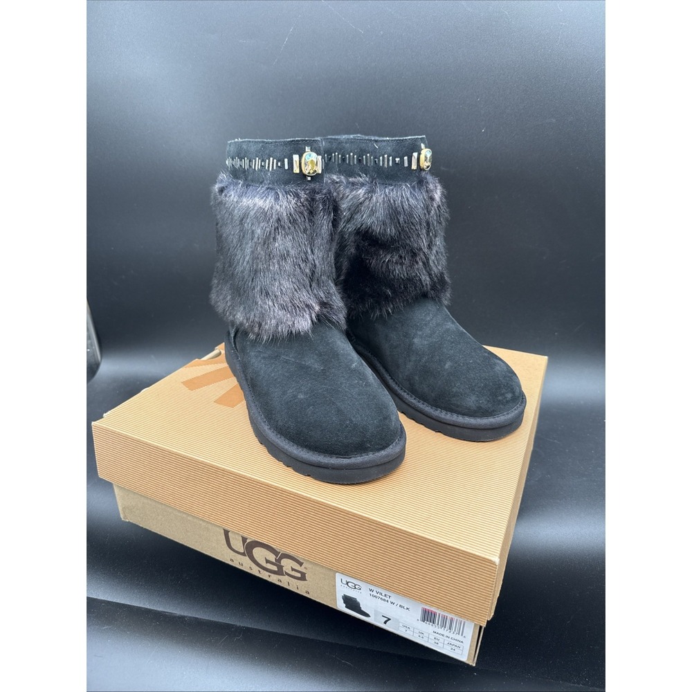 UGG Vilet Blk Suede Fur Trim w Swarovski crystals Bootie Pull-On Round Toe US 7